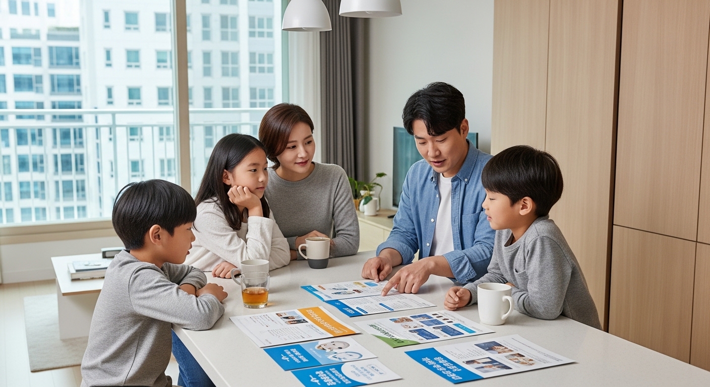 현대적인 한국 가정에서 가족들이 주방 테이블에 앉아 건강에 대해 논의하는 모습