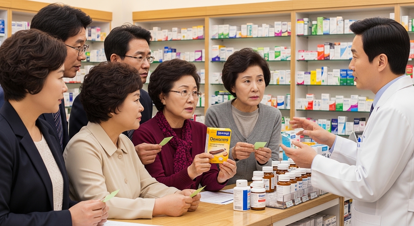 약국에서 구충제 복용 여부를 상담하는 한국 성인의 모습