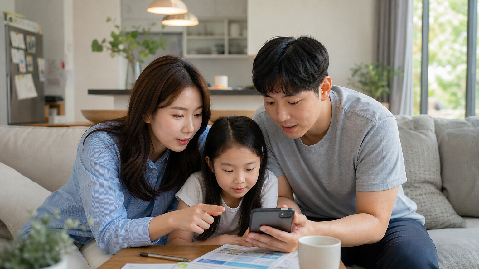가족이 스마트폰을 보며 한강 수영장 예약 방법을 검색하는 모습