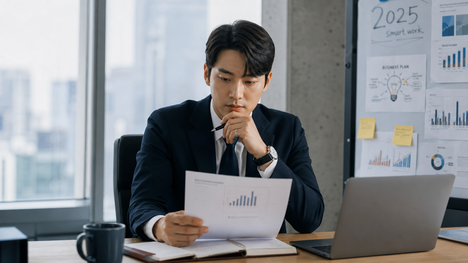 현대적인 사무실에서 전략 계획에 집중하는 한국인 비즈니스맨의 모습