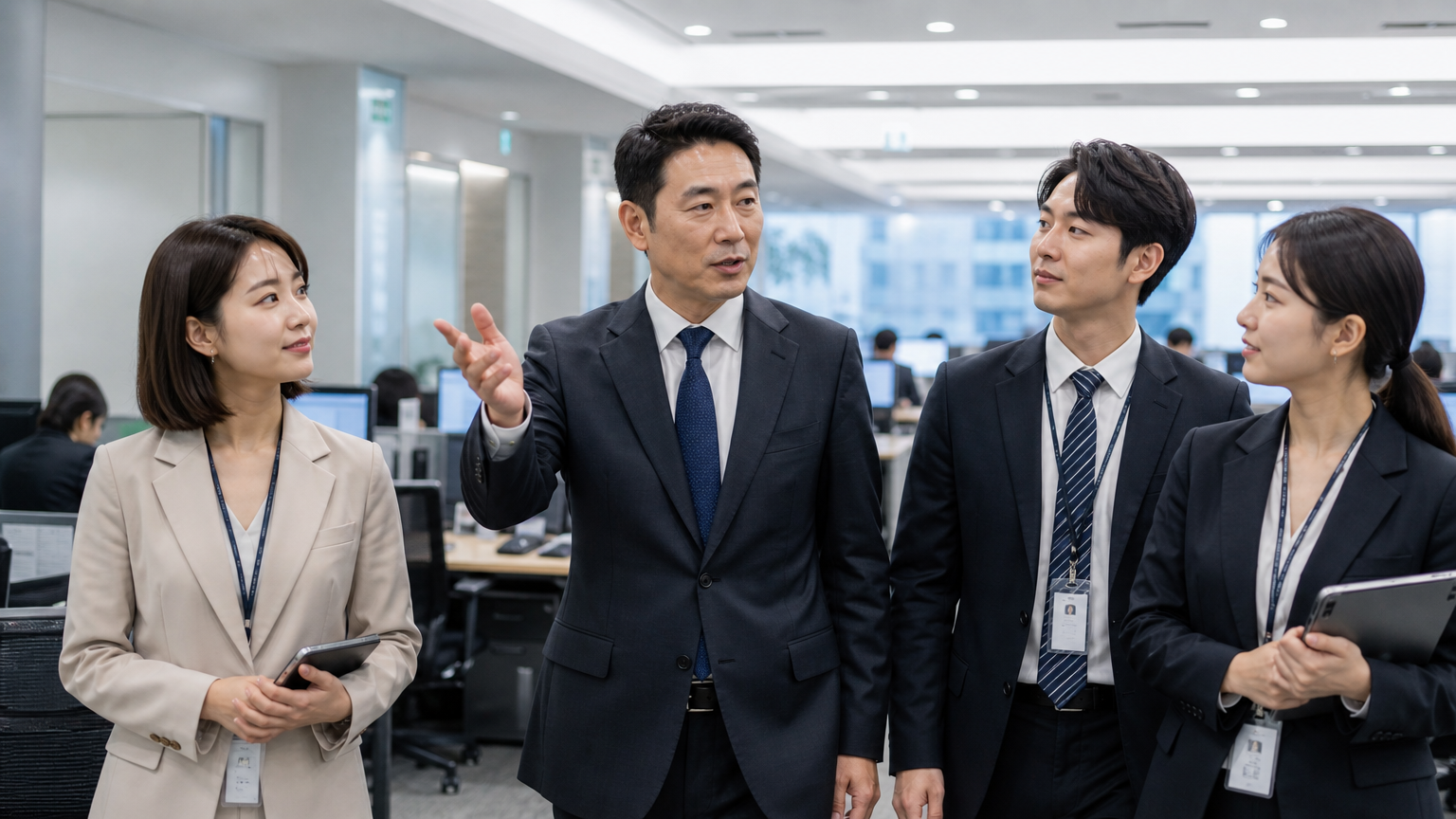바쁜 현대 사무실에서 동료들을 이끄는 비즈니스 리더의 모습
