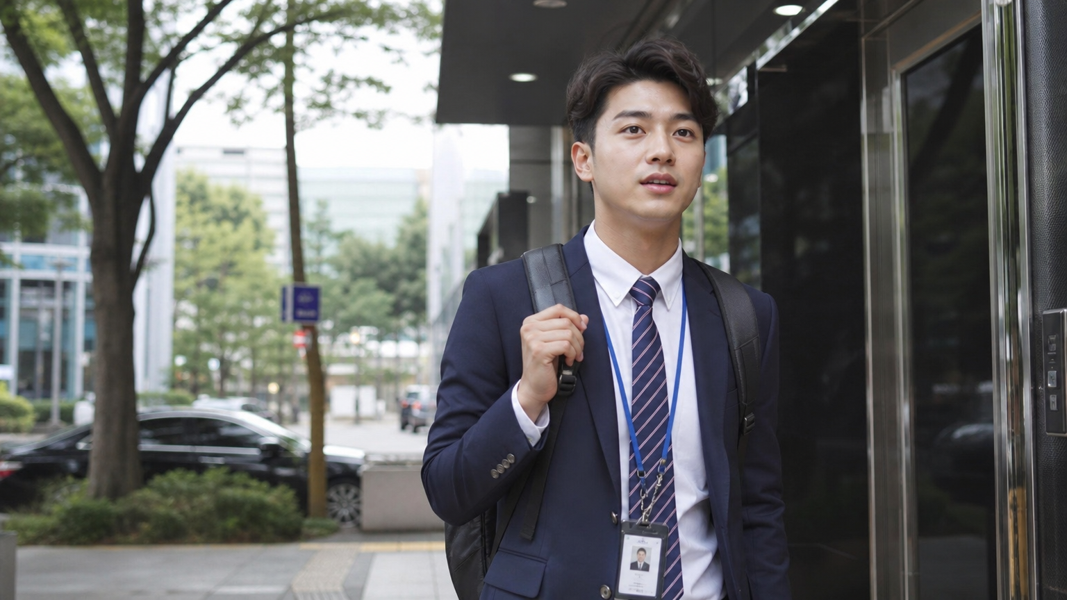 여러 거래처를 방문하며 활발히 활동하는 젊은 한국인 영업 사원의 모습