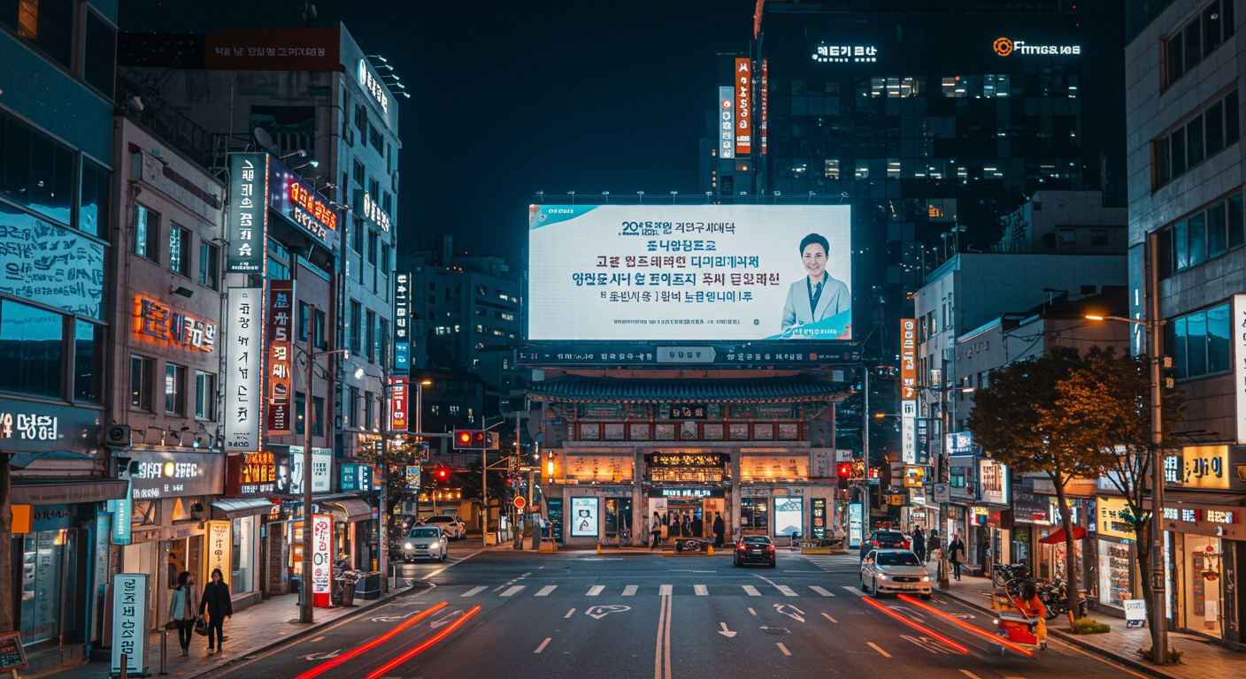 서울 거리에서 디지털 전광판에 표시된 '2차 민생지원금 시작' 알림