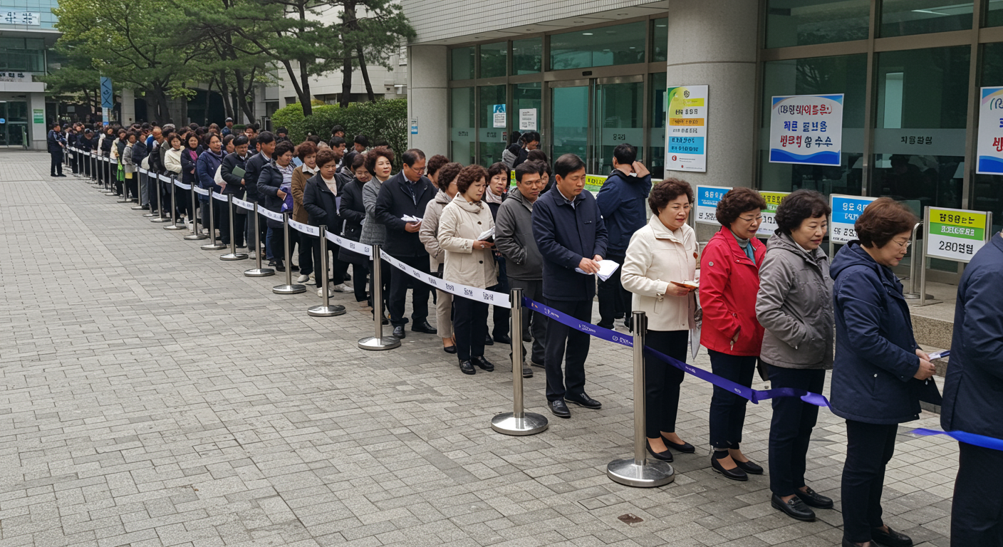 출생연도에 따라 줄을 서서 지원금을 신청하는 사람들