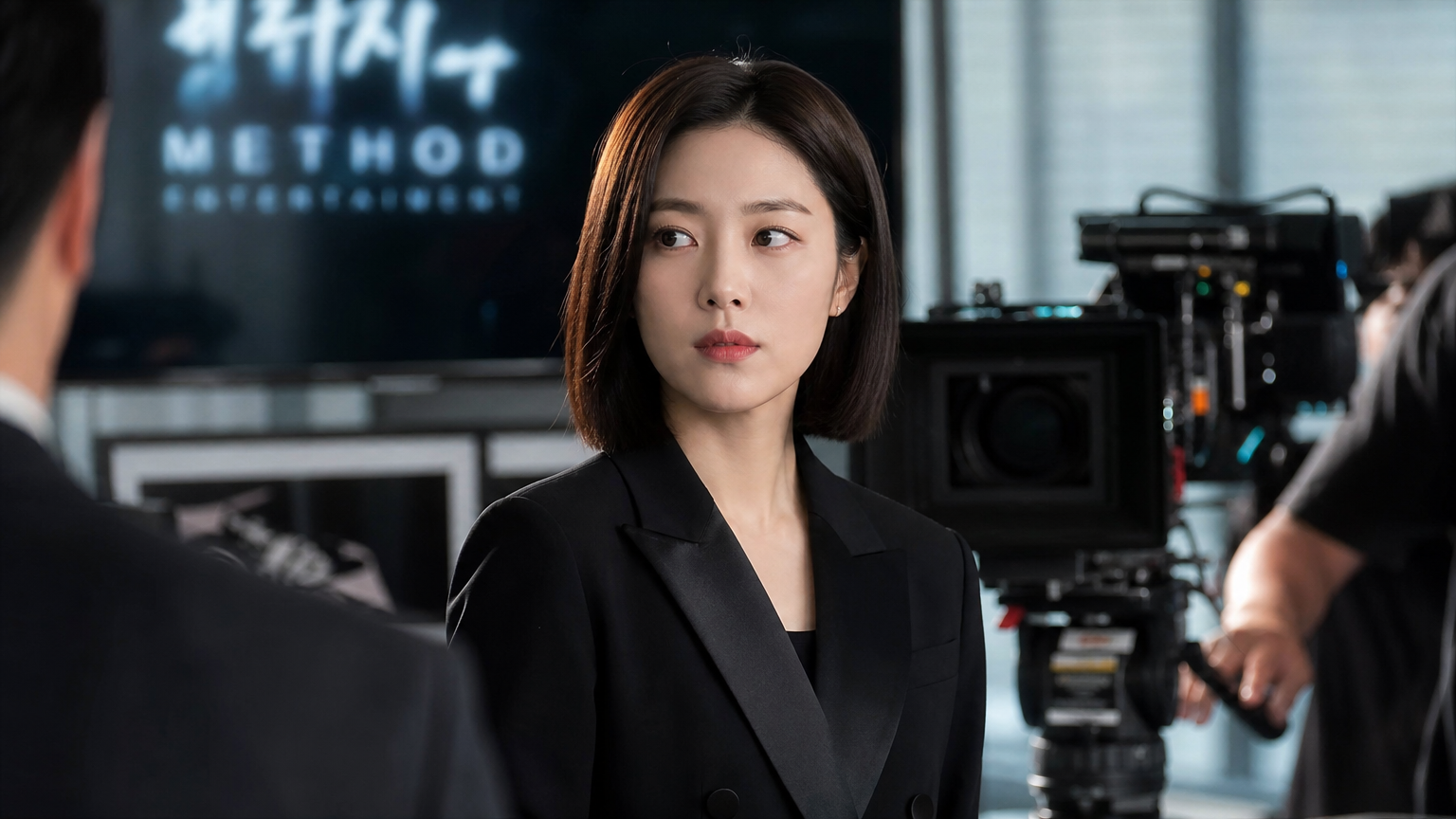 드라마 세트장에서 강렬한 캐릭터를 연기하는 배우의 모습