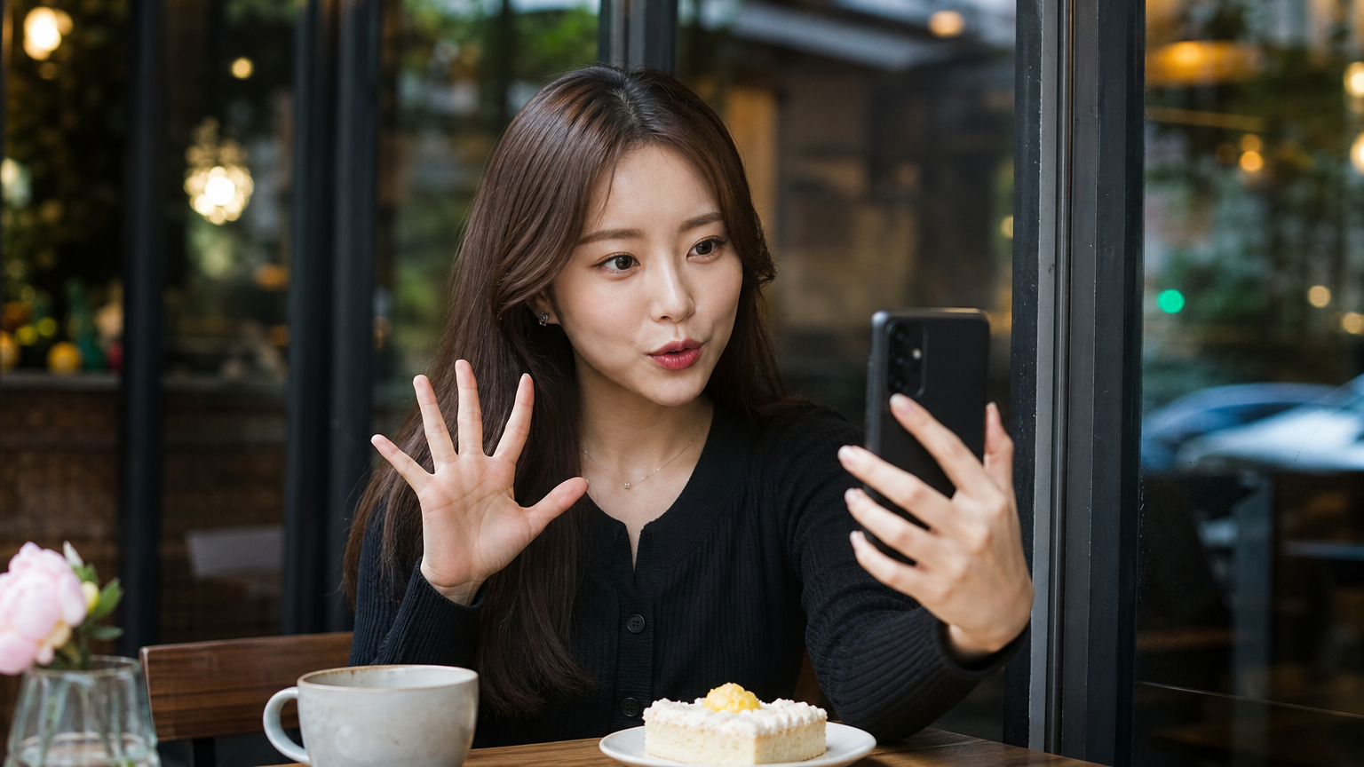 도시 카페에서 스마트폰으로 팬들과 소통하는 여성의 생동감 있는 모습