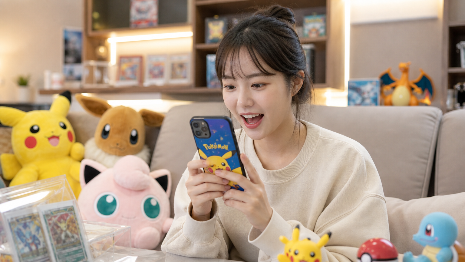 젊은 여성이 포켓몬 테마의 스마트폰 케이스를 들고 다양한 포켓몬 상품으로 가득한 거실에서 즐거운 표정으로 휴대폰을 보는 모습
