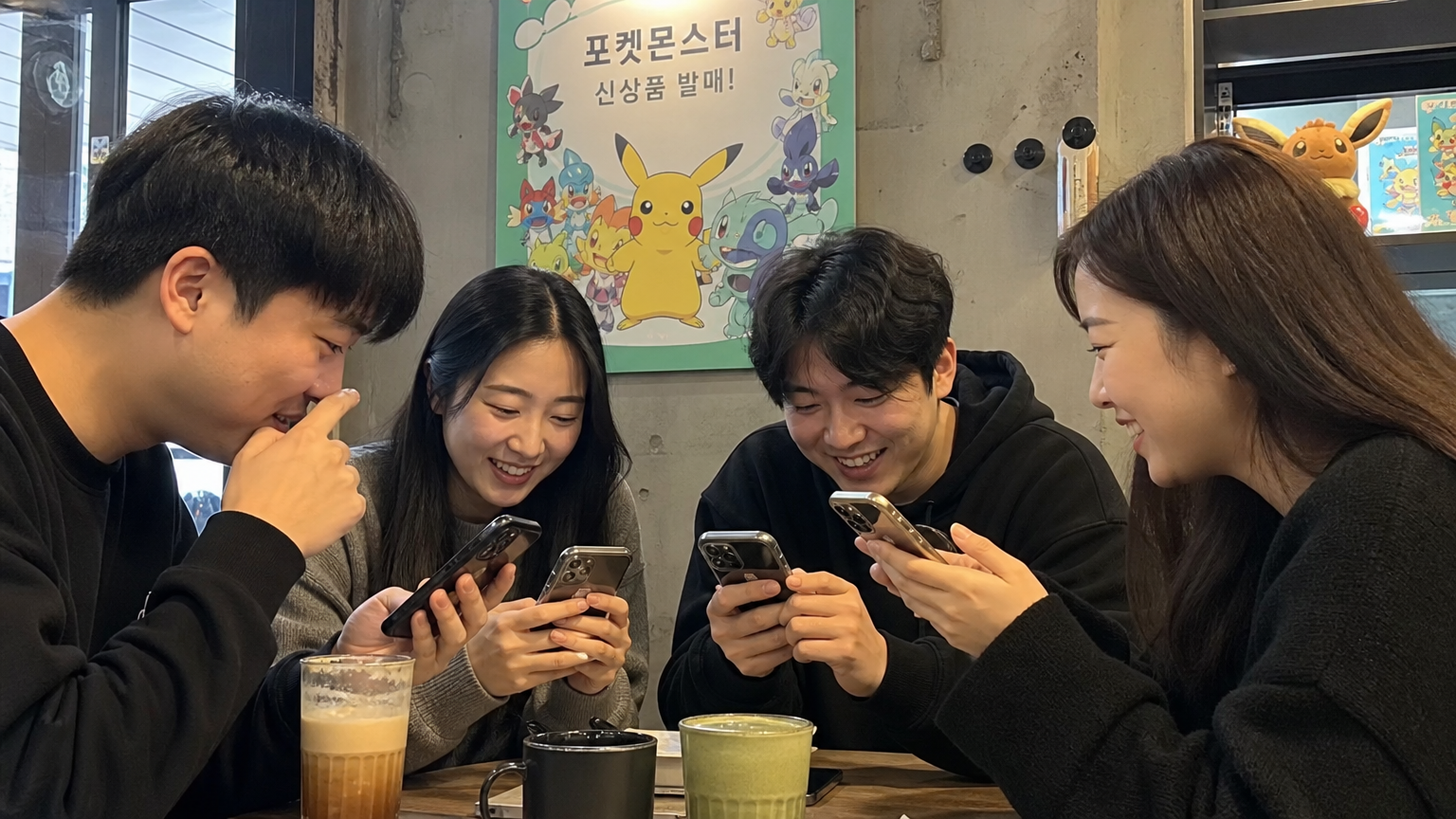 트렌디한 카페에서 한국 밀레니얼들이 스마트폰을 통해 새로운 포켓몬 상품에 대해 소셜 미디어로 소통하는 모습