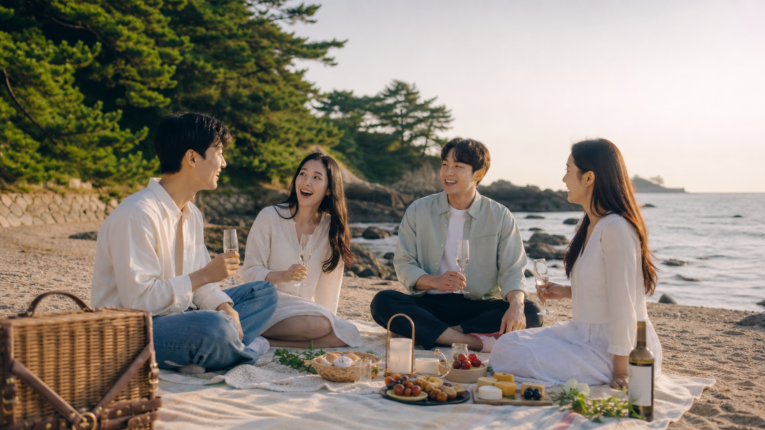 젊은 사람들이 태안 해변에서 피크닉을 즐기는 모습