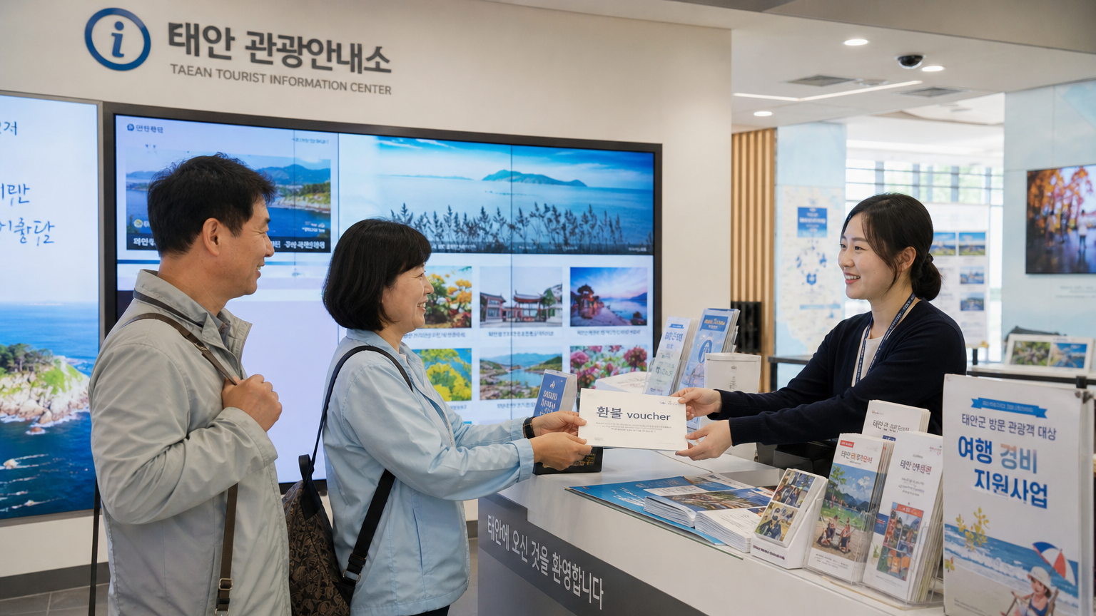 관광객들이 태안을 방문하여 환급 바우처를 받는 장면