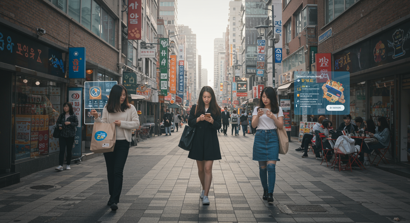 국민 my we:sh카드로 구독 서비스 할인 혜택 한눈에 보기 현대 한국 도시 배경에서 스마트폰으로 구독 서비스를 관리하는 젊은 직장인과 학생들, 신용카드 할인을 받는 모습
