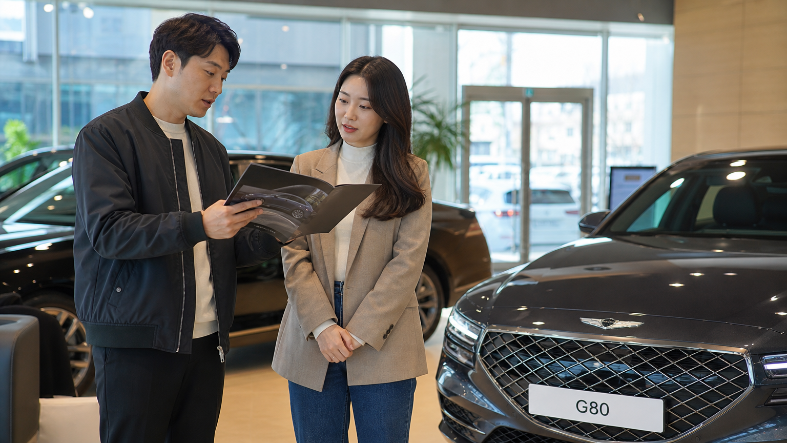 현대 남녀가 고급 자동차 전시장 내에서 제네시스 G80 세단 구입을 논의하는 장면