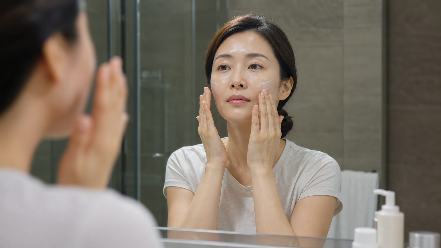 한 여성이 욕실 거울 앞에서 스킨케어 제품을 바르고 있는 모습