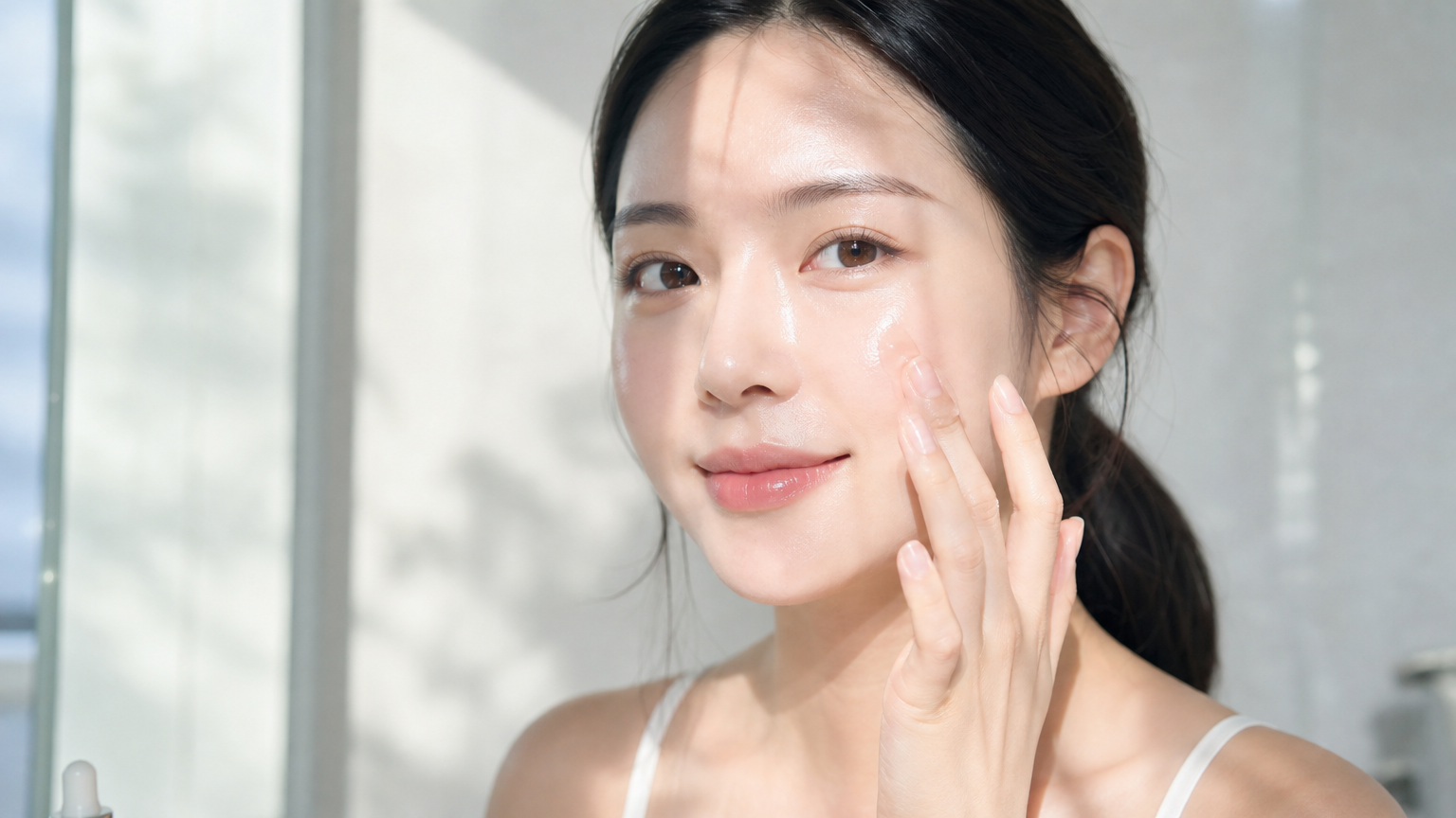 창문을 통해 들어오는 햇빛 아래서 세럼을 바르는 여성의 얼굴에서 빛나는 광채