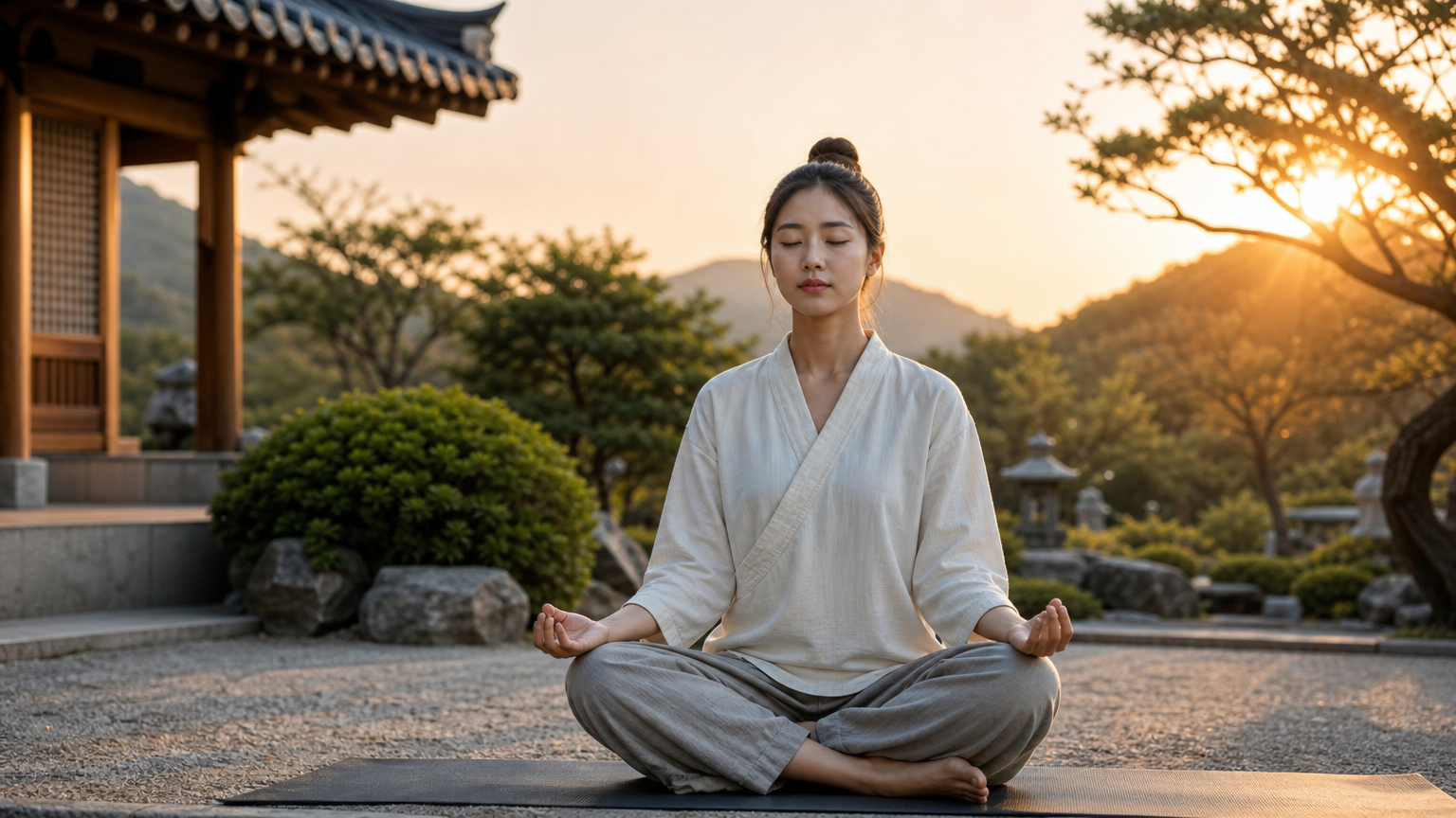 정원에서 평온하게 명상하는 여성의 아침 풍경