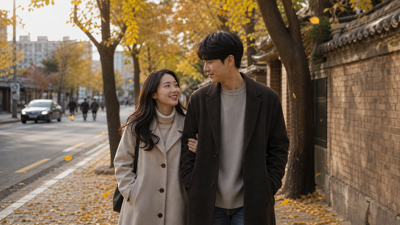 서울 한적한 거리에서 여유롭게 산책하는 부부