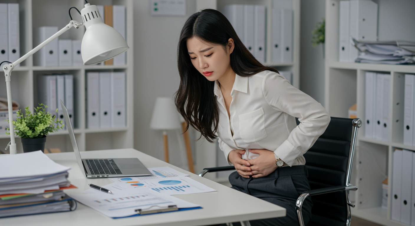 책상에 앉아 복부팽만으로 불편해하는 여성의 모습