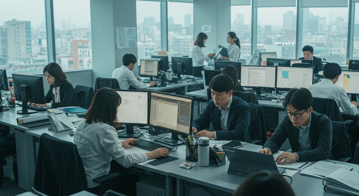 바쁜 사무실에서 긴장된 표정으로 일하는 사람들