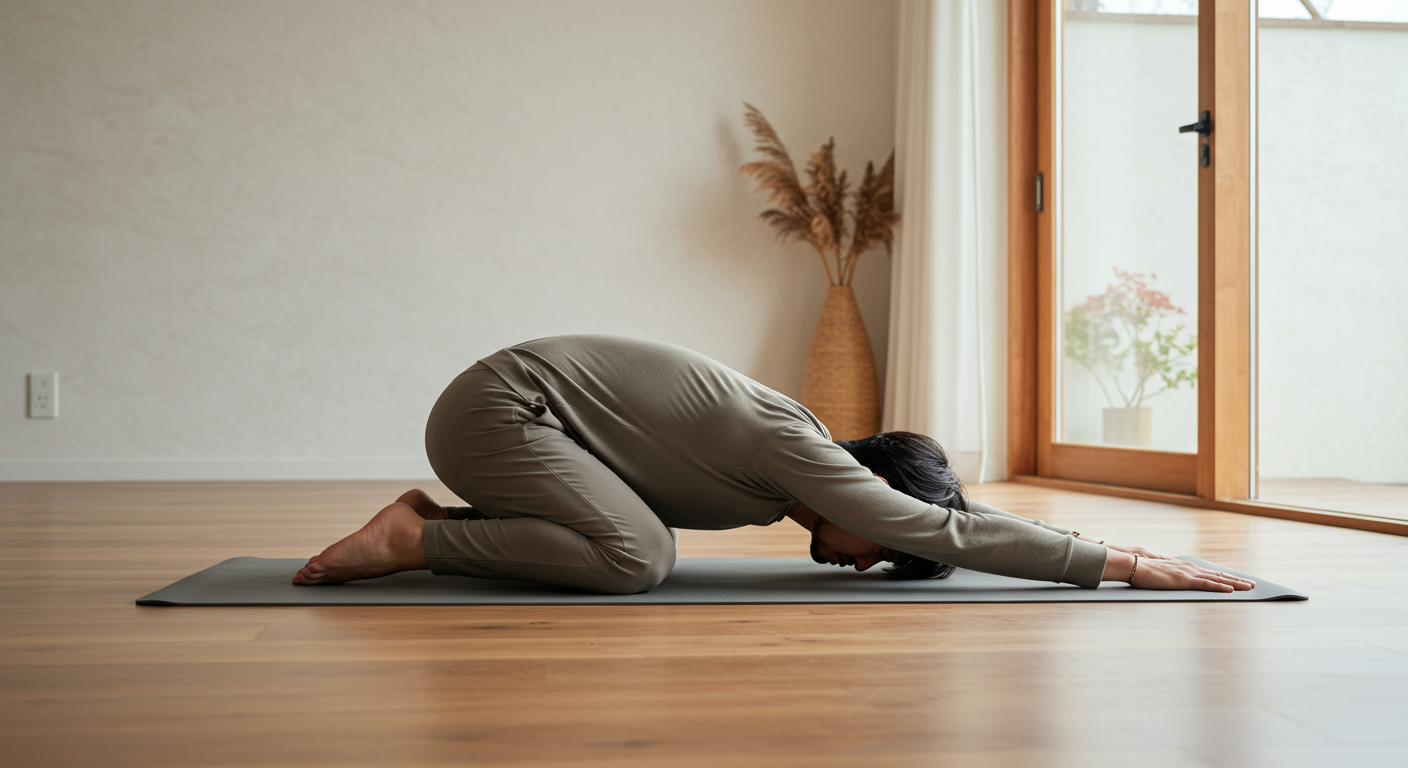 집에서 요가를 하며 아기자세를 취하고 있는 남성