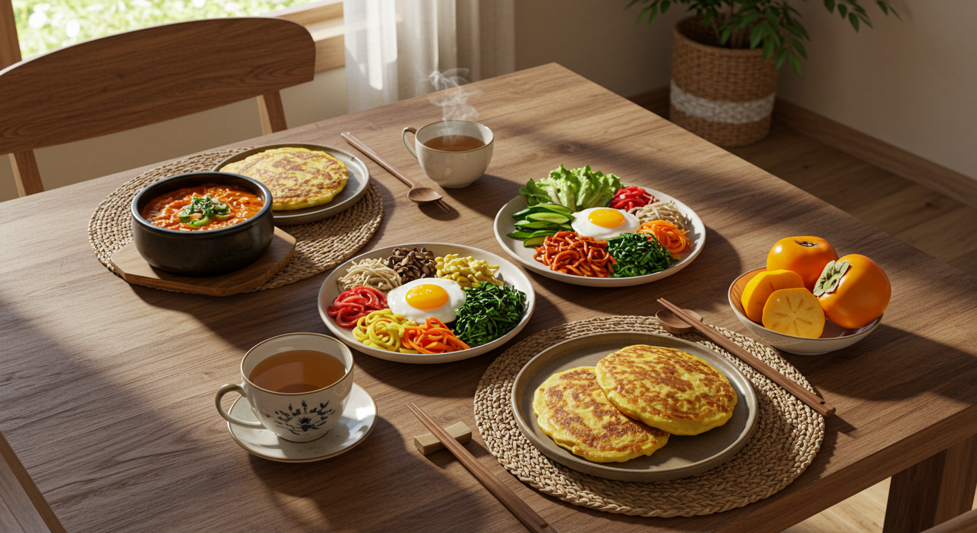 따뜻한 차와 과일이 놓인 아침 식사 테이블