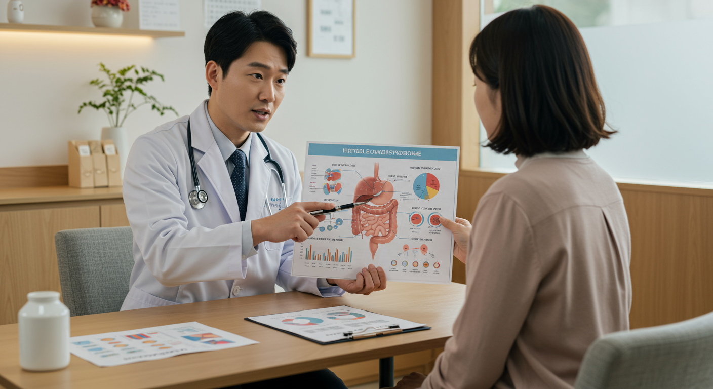 현대식 진료실에서 차트를 사용해 IBS 개념을 설명하는 의사