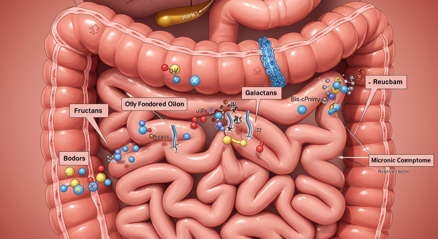 포드맵 흡수 과정과 소화계에 미치는 영향이 나타난 장의 다이어그램