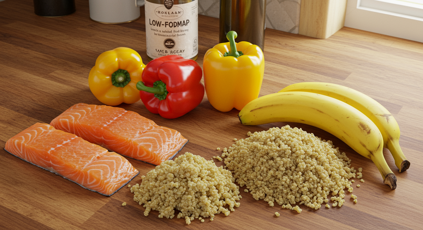 연어 필레, 파프리카, 딸기, 오렌지 등 저포드맵 음식 모음