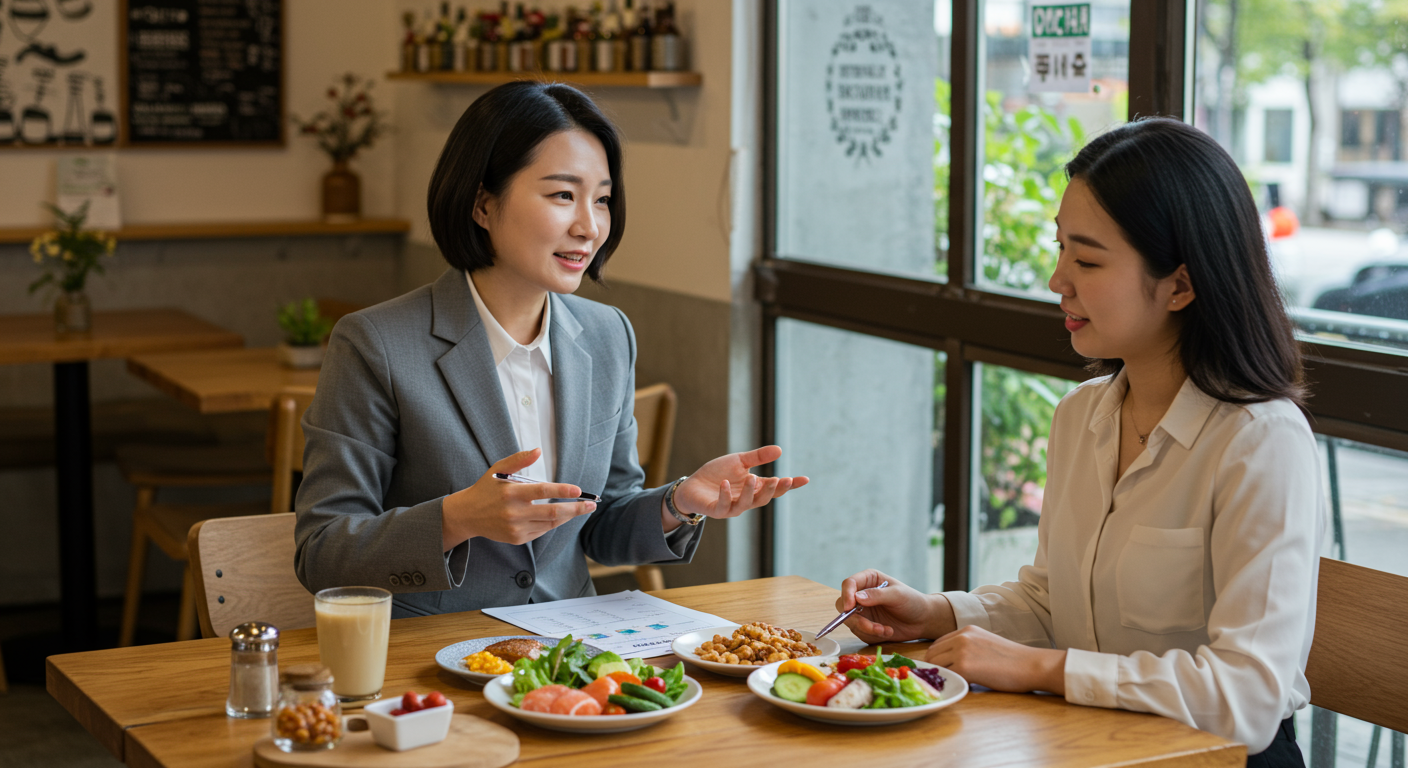 영양사가 고객과 함께 식단 계획을 논의하는 모습