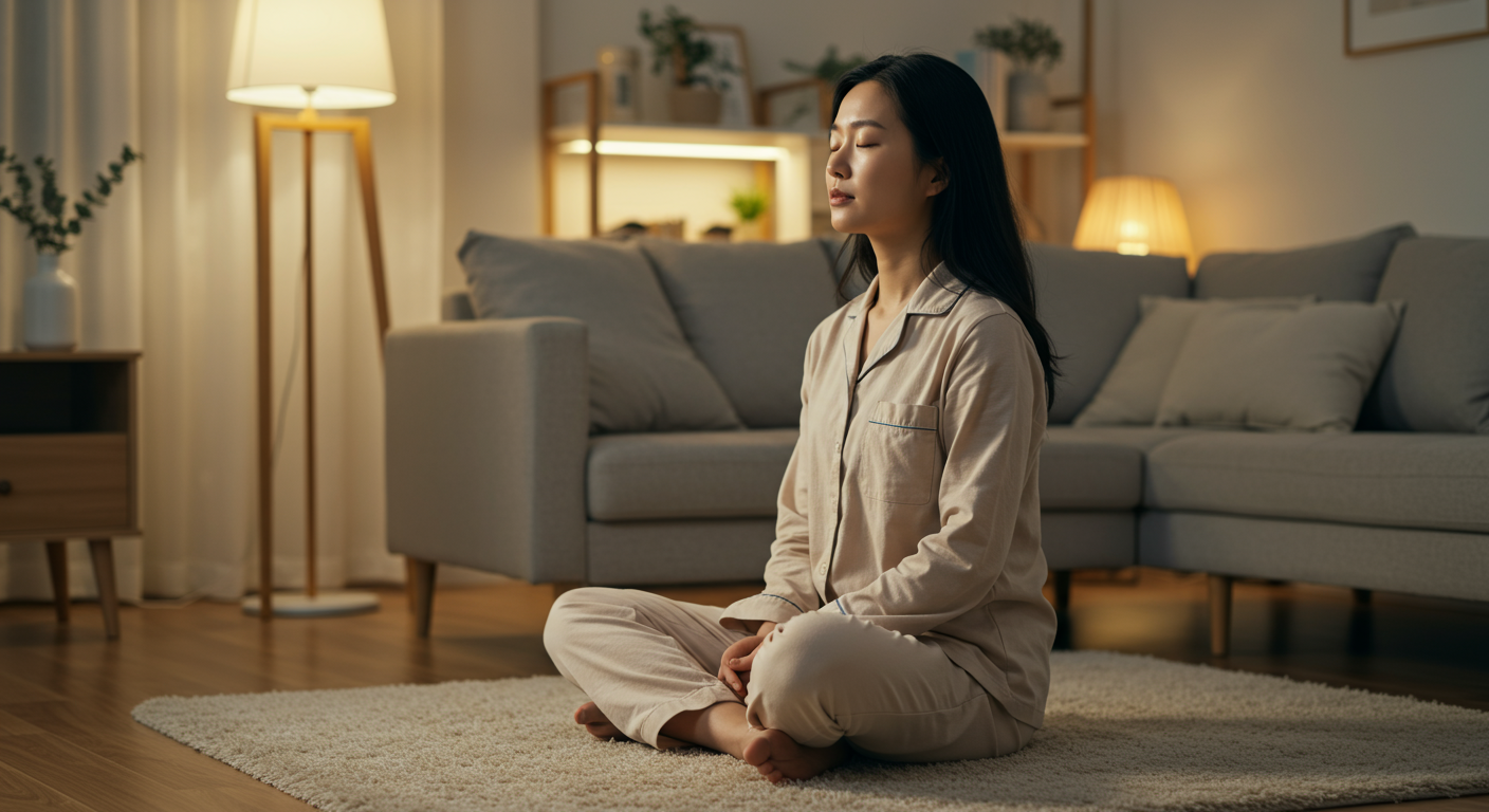 거실에서 편안하게 앉아 복식호흡을 실천하는 여성