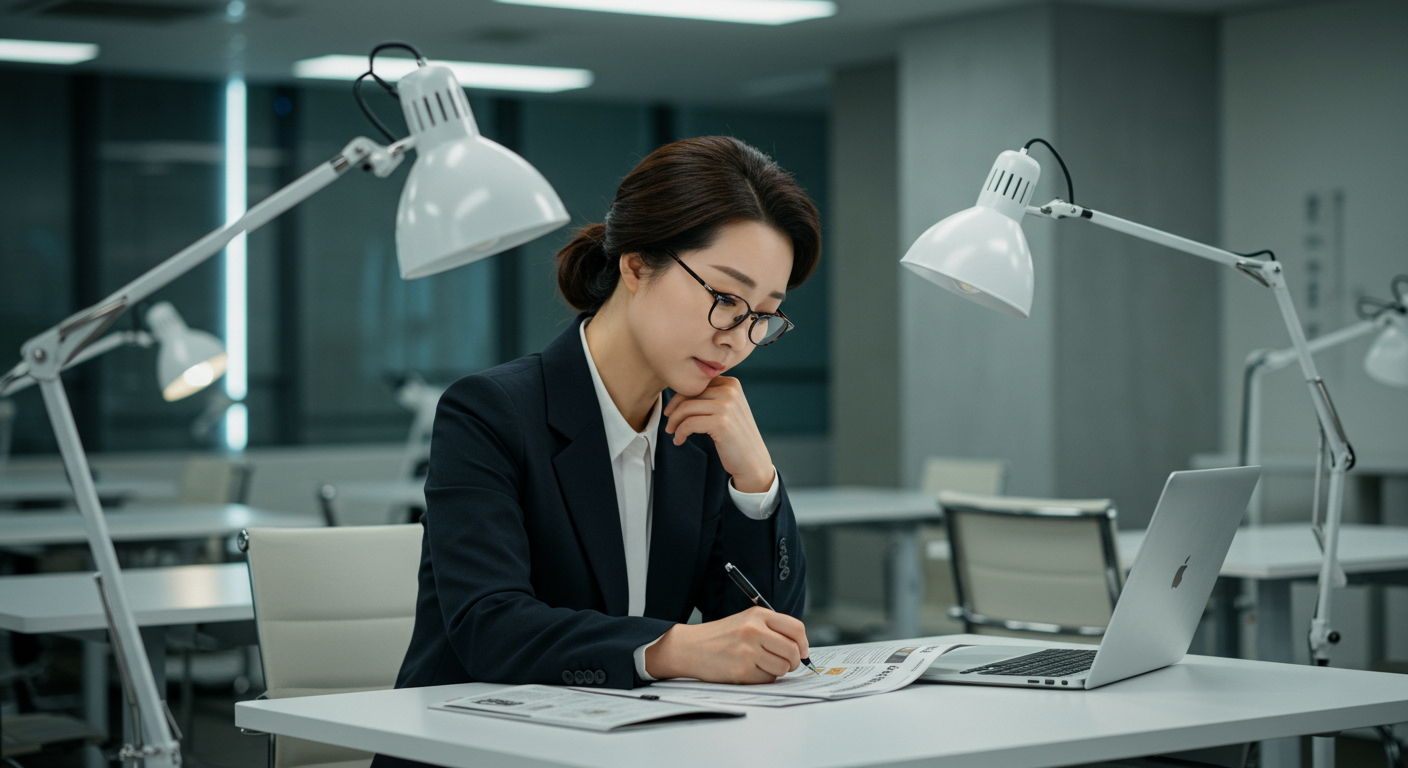 현대적인 사무실에서 노트북과 메모장을 앞에 두고 신문 기사를 작성하는 기자의 모습
