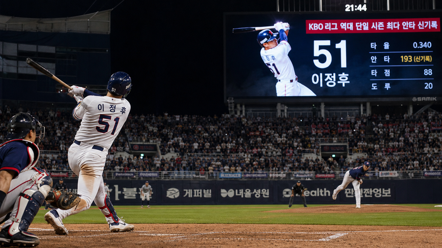 기록을 경신하는 순간을 맞이한 한국 야구 선수의 역사적 장면