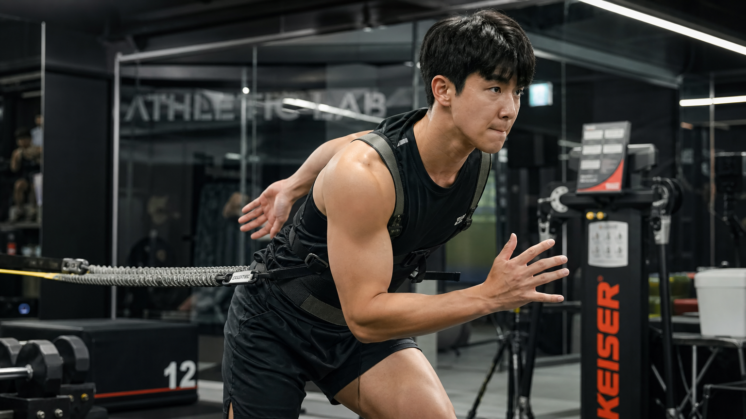 현대식 체육관에서 과학적인 훈련 방법으로 운동하는 운동선수