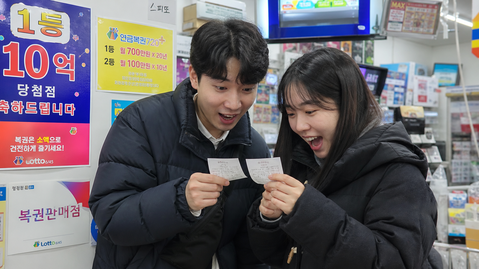 복권 결과를 확인하며 기대에 찬 한국 사람들의 모습