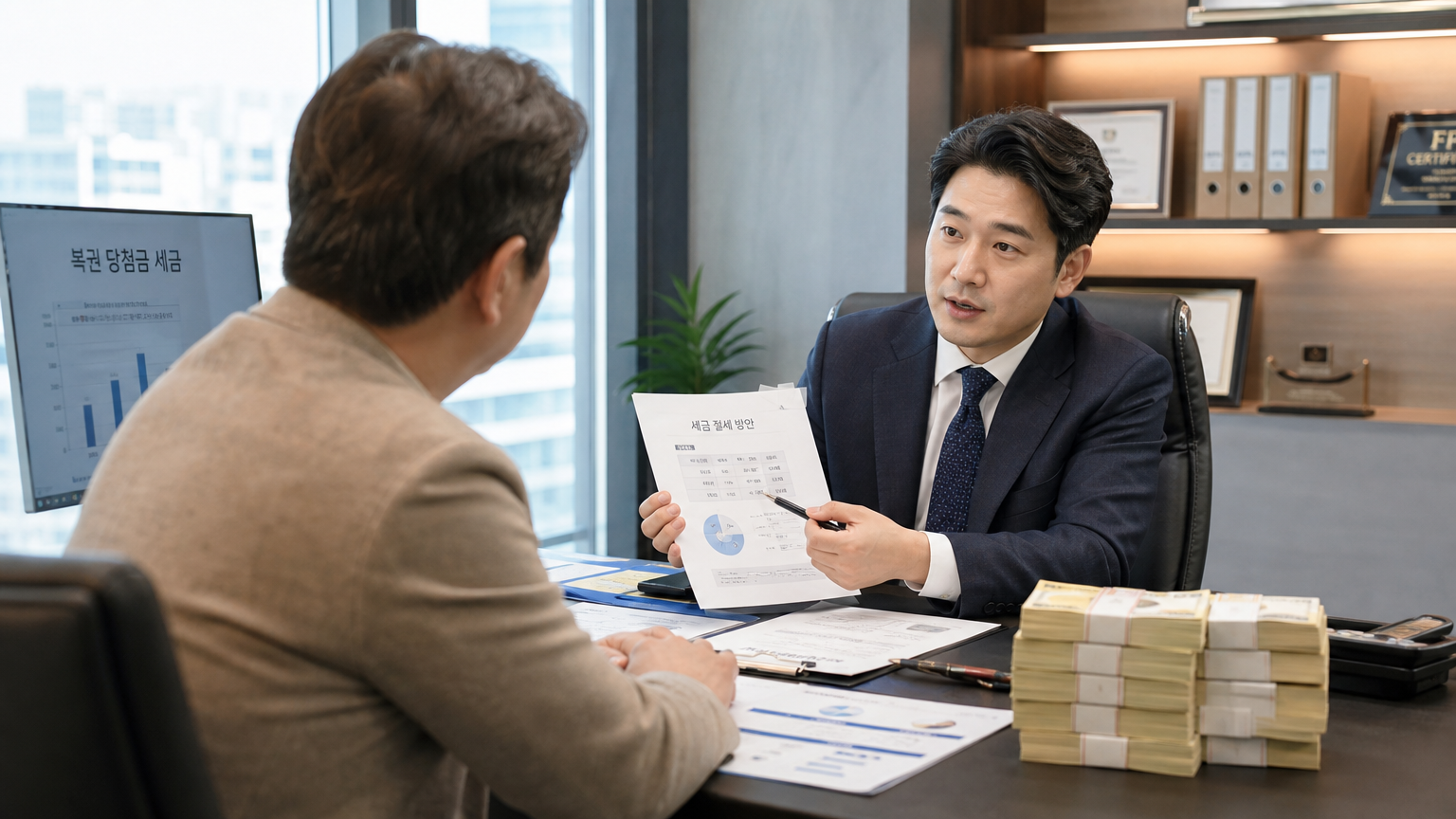 현대적인 사무실에서 복권 당첨자에게 세금 설명하는 재정 전문가