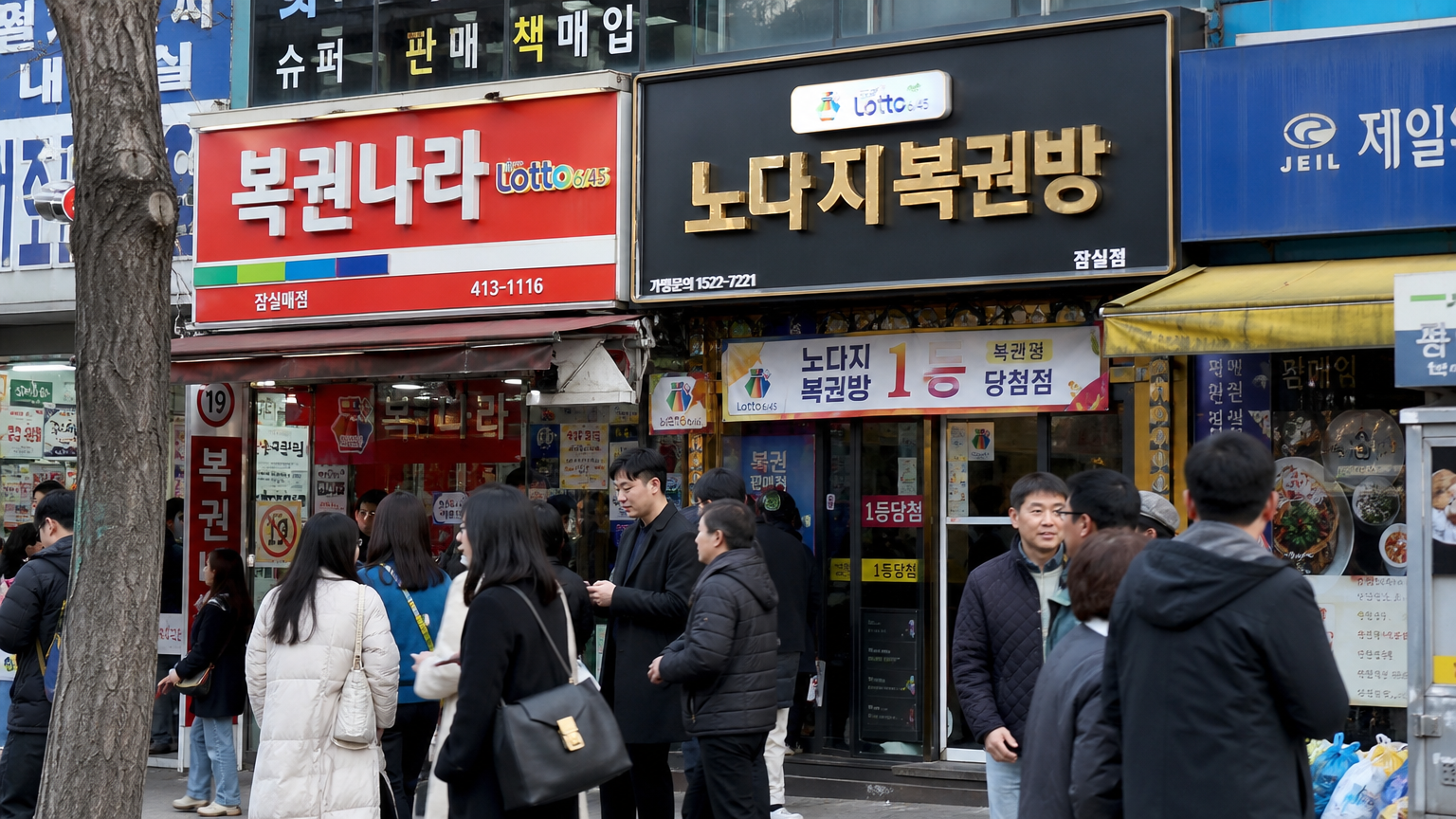 서울의 유명 복권 가게들이 있는 번화한 거리 풍경
