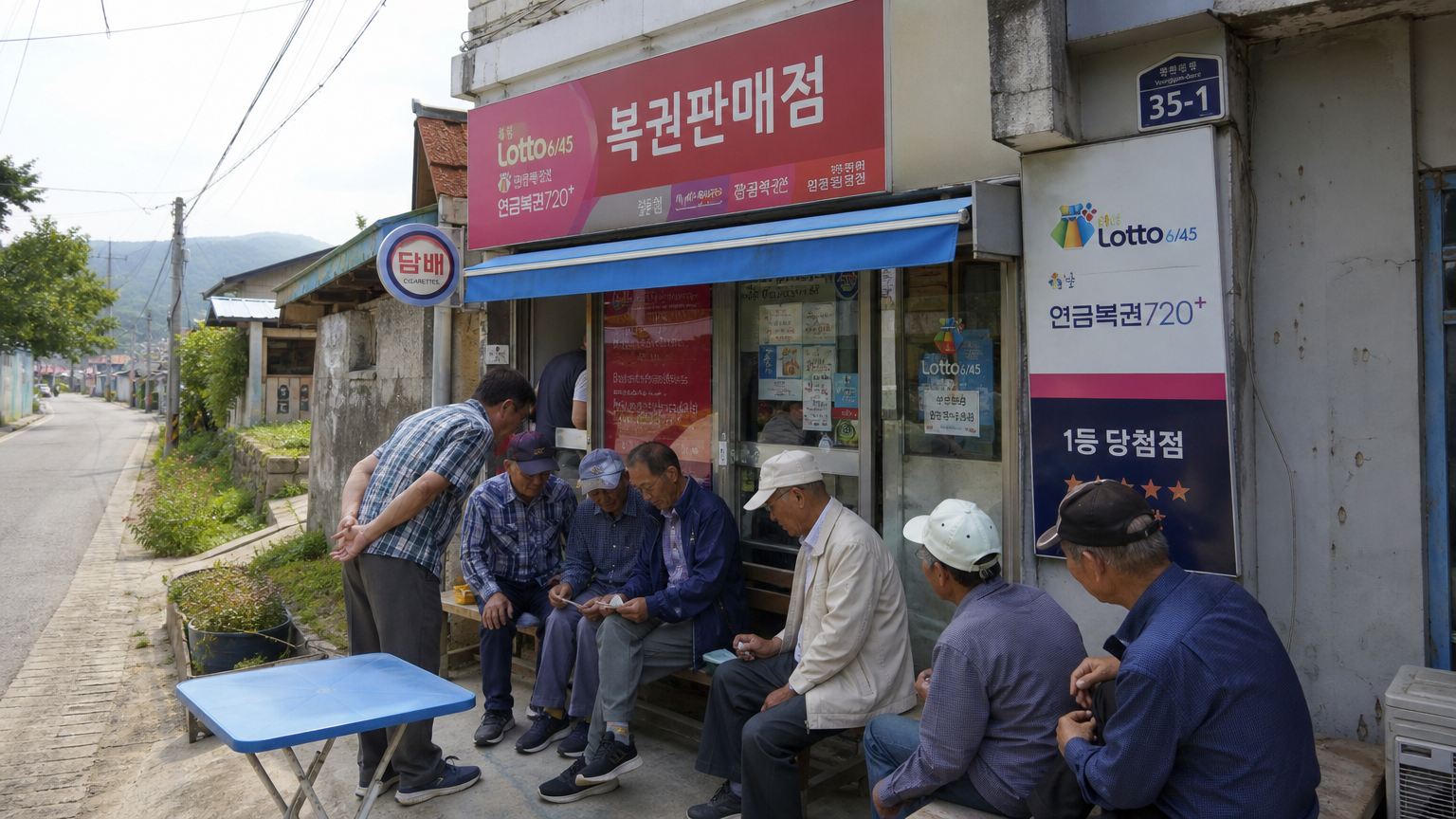 한국 시골 마을의 작은 복권 가게와 그 앞에서 숫자를 이야기하는 주민들