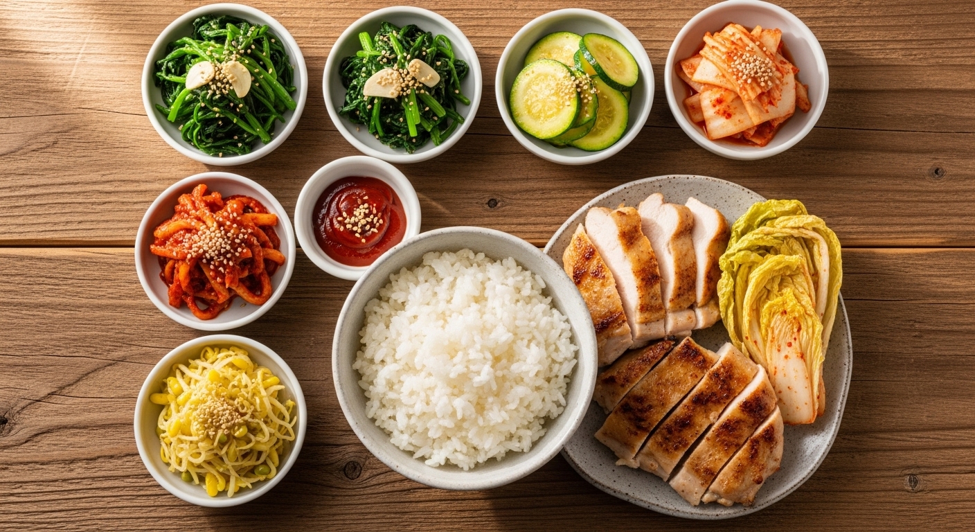 나무 테이블 위에 놓인 밥, 구운 닭가슴살과 채소로 구성된 균형 잡힌 한 끼