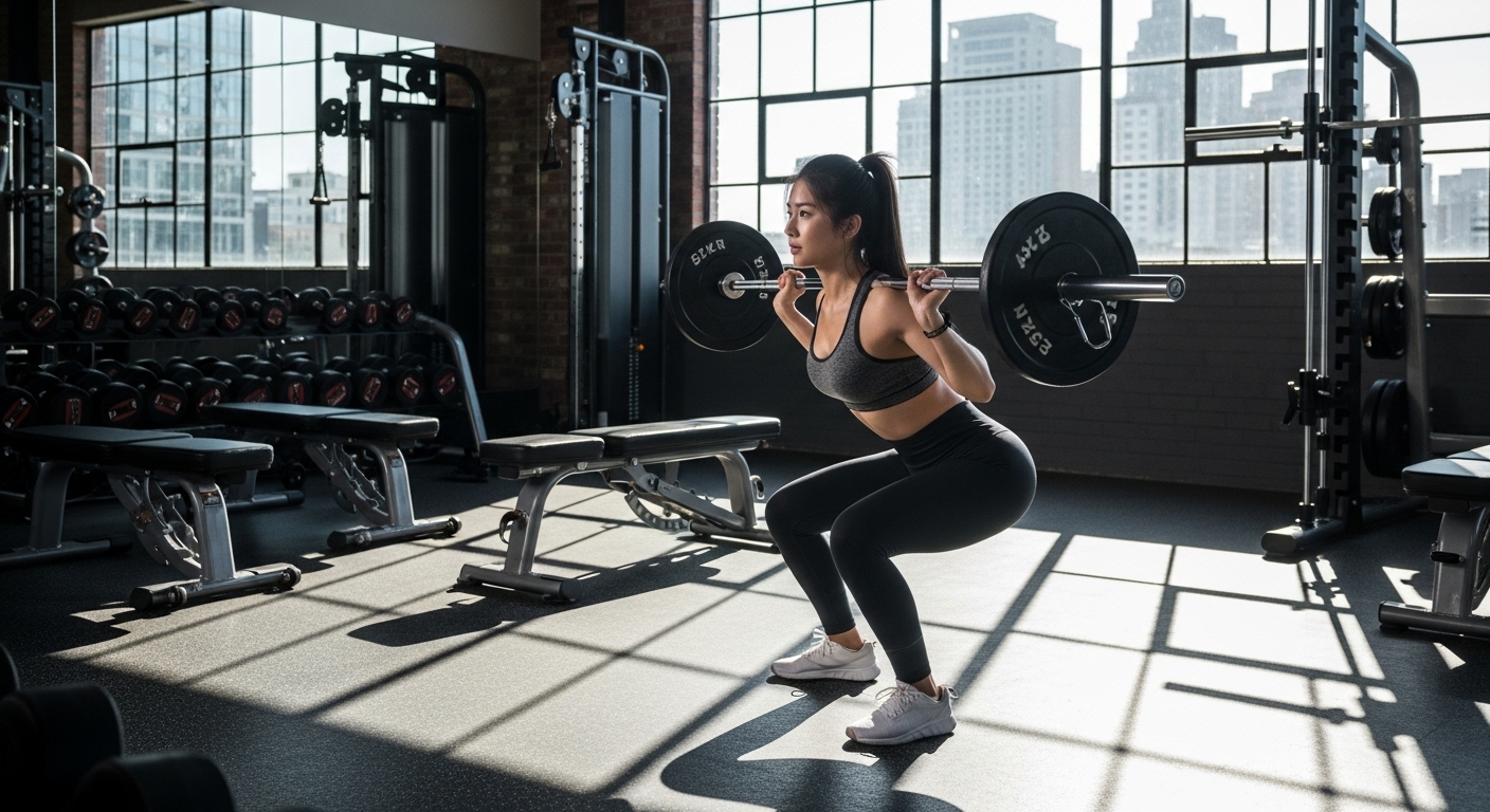 도시 헬스장에서 스쿼트를 하는 여성의 모습