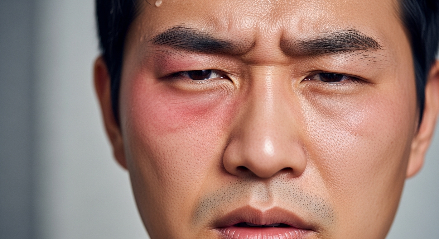 한쪽 얼굴에 통증과 홍조를 느끼는 한국 남성의 근접 촬영
