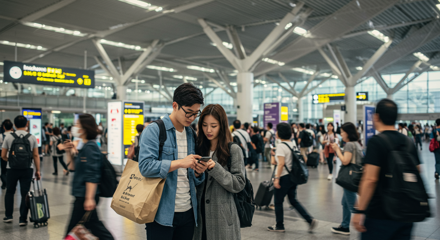 인천공항에서 스마트폰으로 콜택시 요금을 비교하는 젊은 커플의 모습