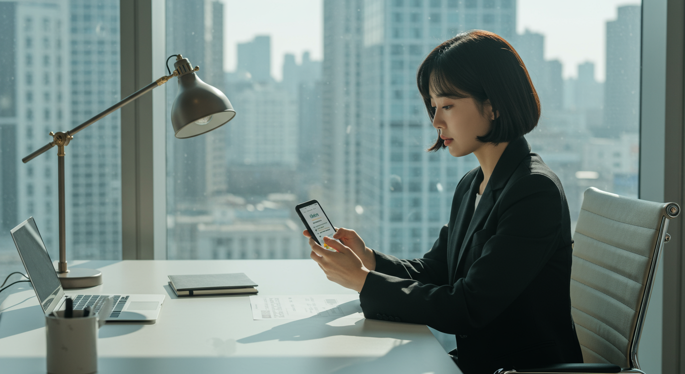 사무실 책상에 앉아 '올밴' 앱으로 택시 요금을 비교하는 여성의 모습