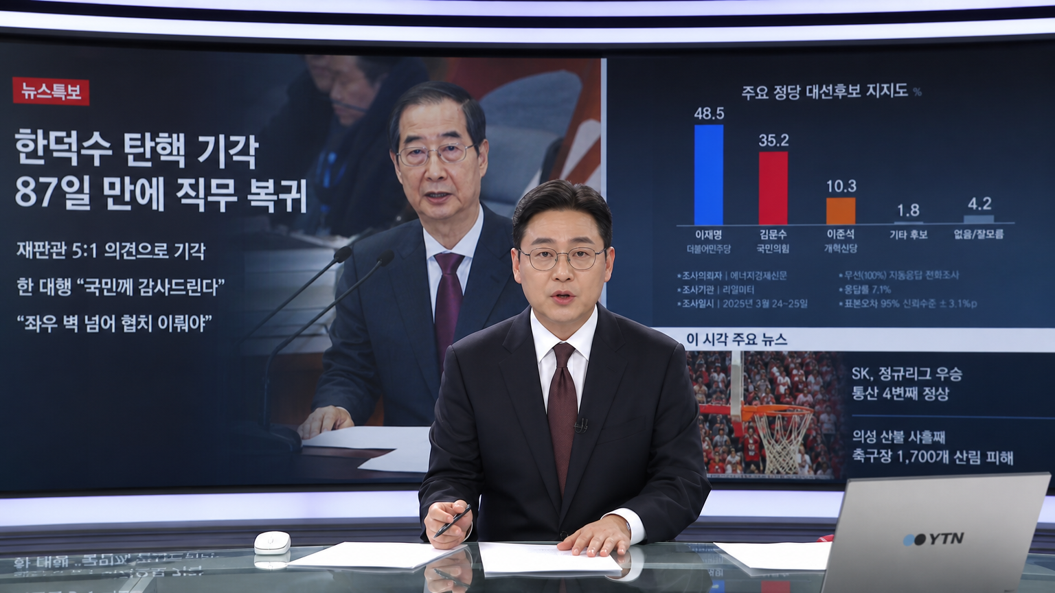 현대적인 한국 뉴스 스튜디오에서 앵커가 복잡한 정치 뉴스를 보도하는 모습