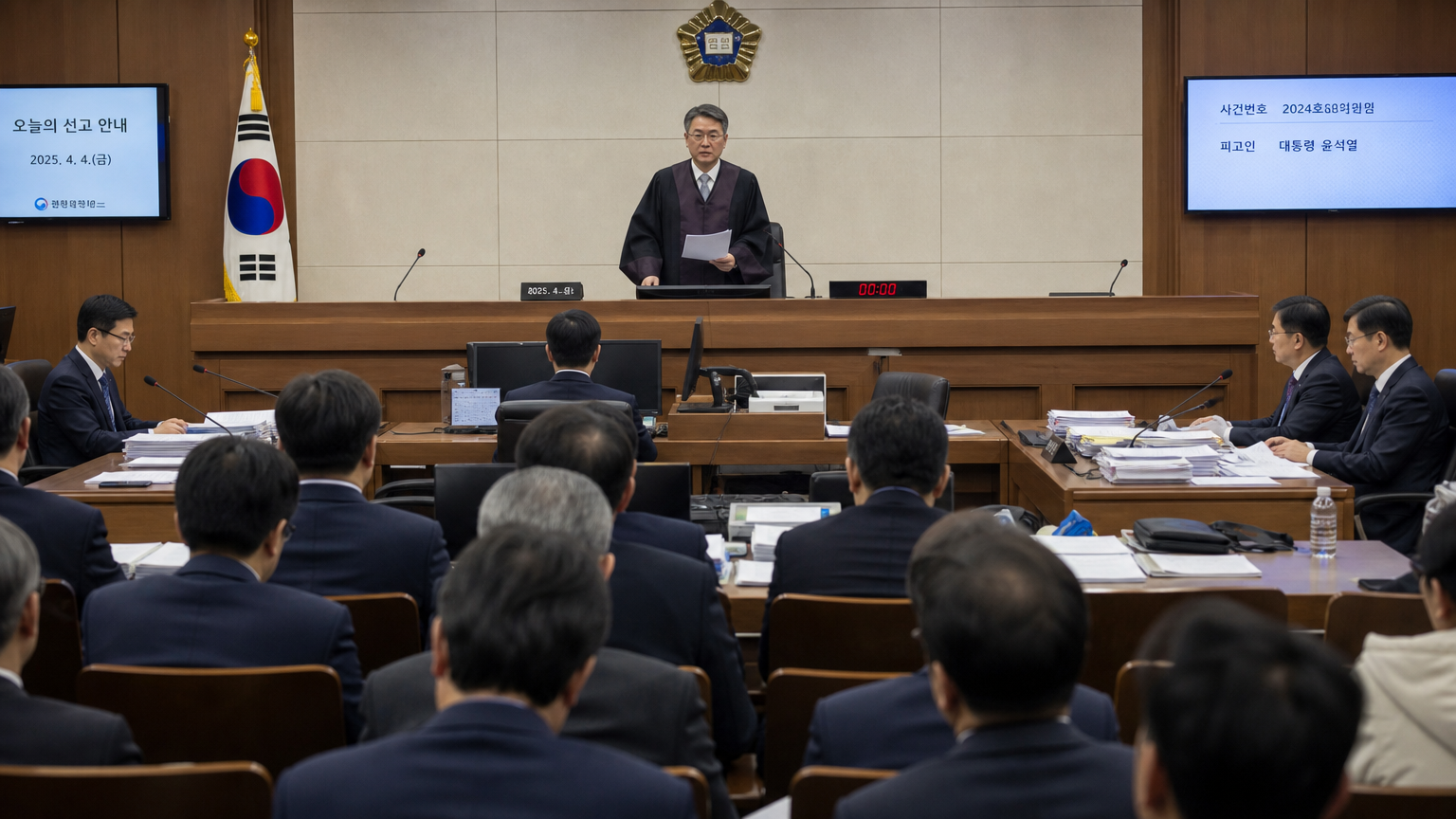 고위급 정치 재판 중인 한국 법정에서 판사가 판결을 내리는 장면