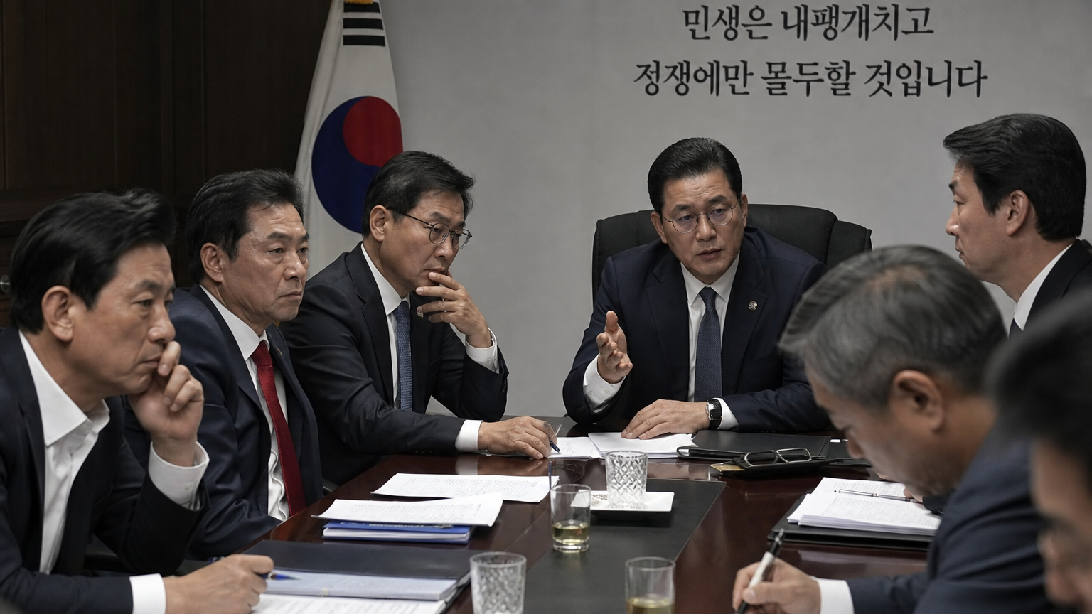 긴장감 있는 회의실에서 전략과 법적 문제를 논의하는 한국 정치인들과 사업가들