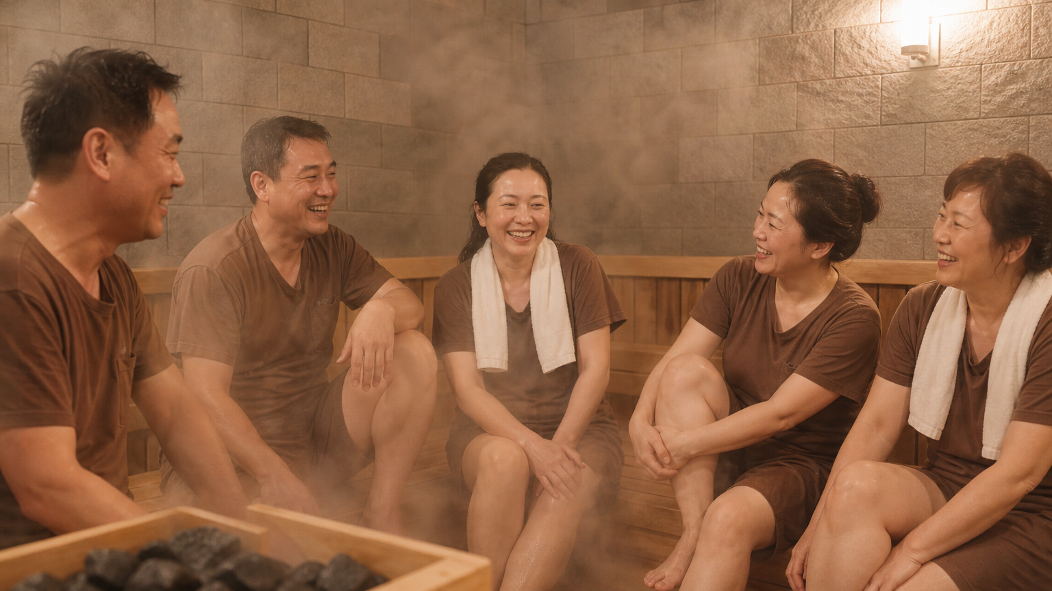 중년 한국인들이 함께 사우나를 즐기는 편안한 분위기