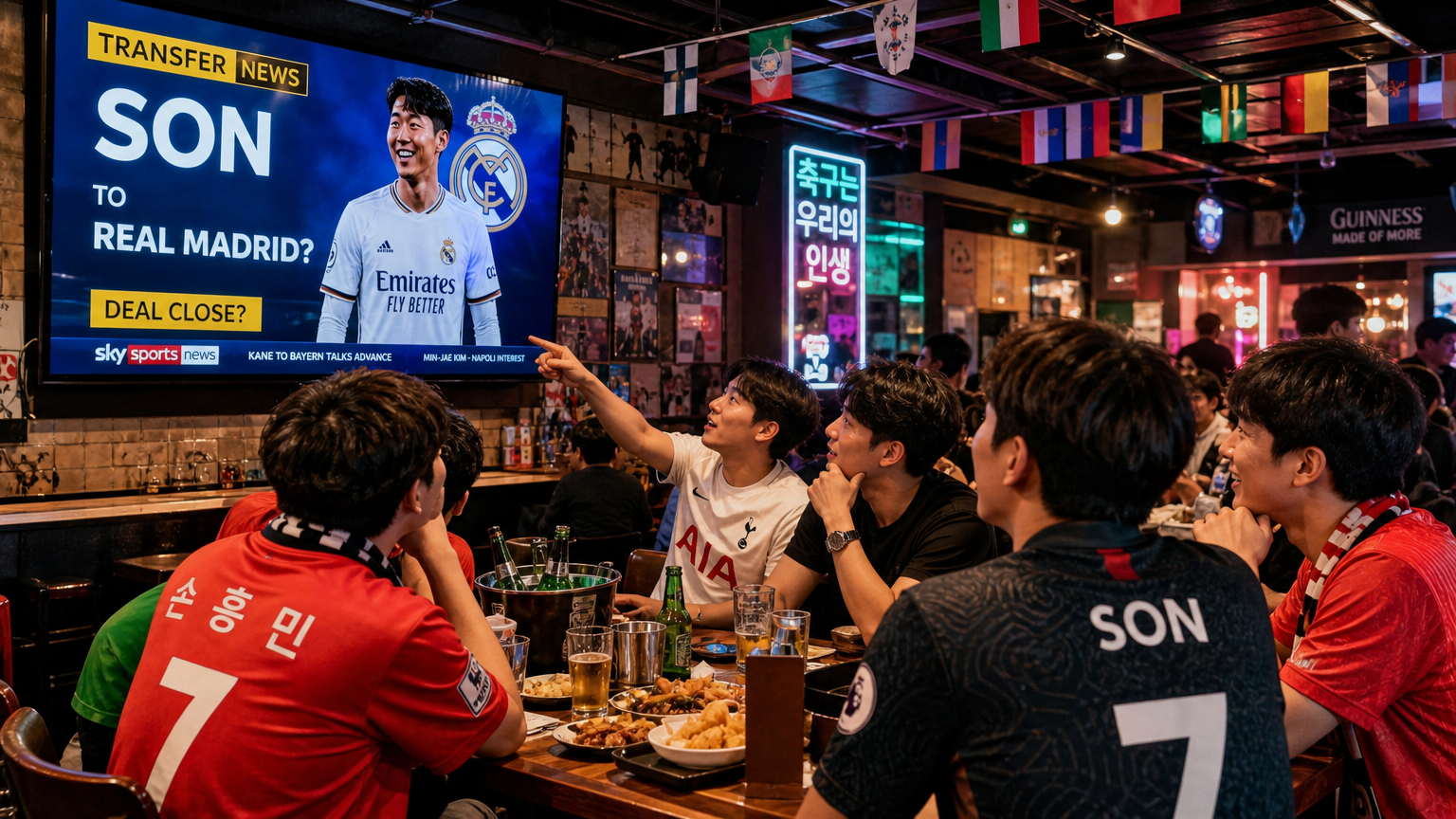 스포츠 바에서 활기찬 분위기 속에 축구 이적 뉴스를 시청하는 팬들