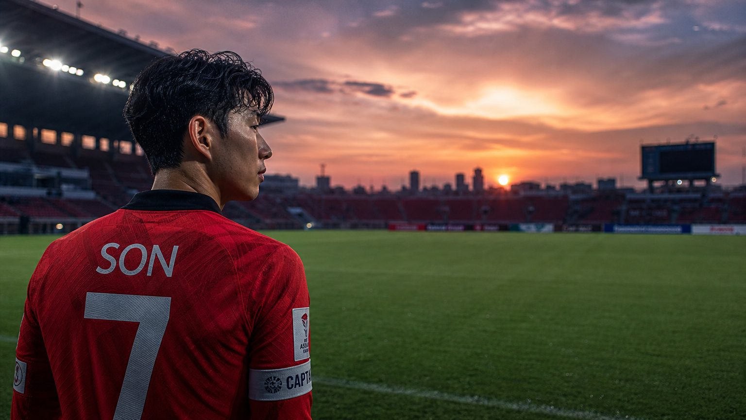 해질녘 경기장 가장자리에 서서 경력을 고민하는 한국인 축구 선수 모습