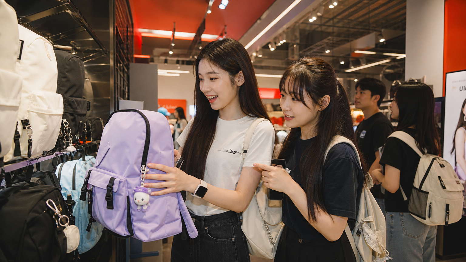 서울의 한 트렌디한 가게에서 백팩을 구경하는 젊은이들의 모습