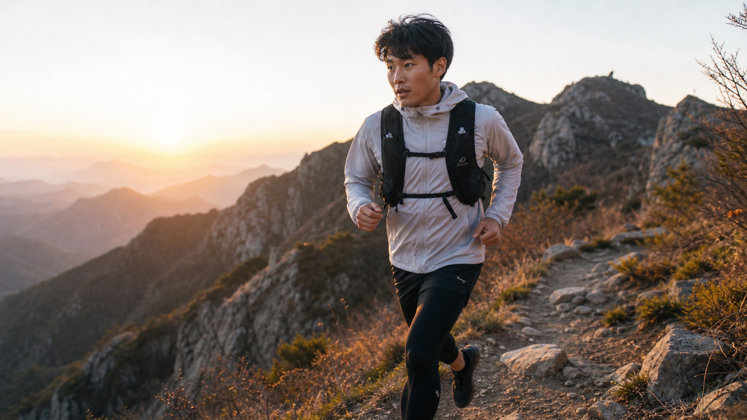해돋이를 배경으로 산길에서 초경량 에어리오스 백팩을 착용한 한국인 트레일 러너
