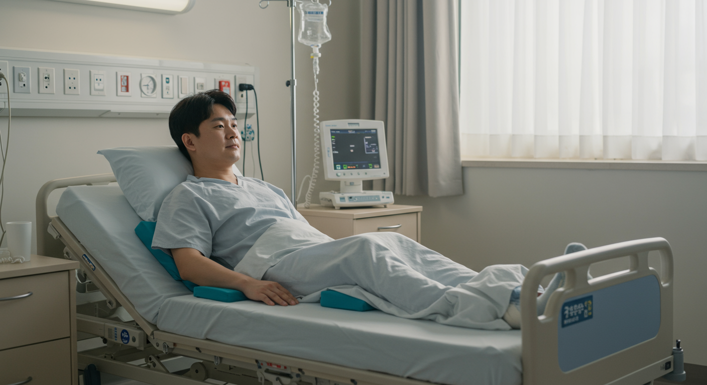 병실에서 전립선 수술 후 회복 중인 남성이 바른 자세로 안정된 환경에 있는 모습
